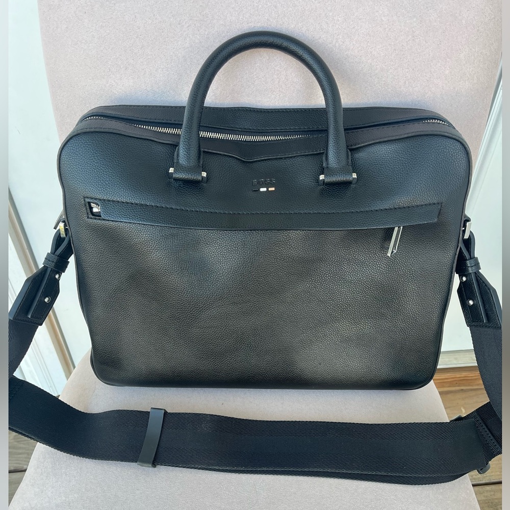 BOSS FAUX-LEATHER DOCUMENT CASE WITH LOGO AND SIGNATURE STRIPE